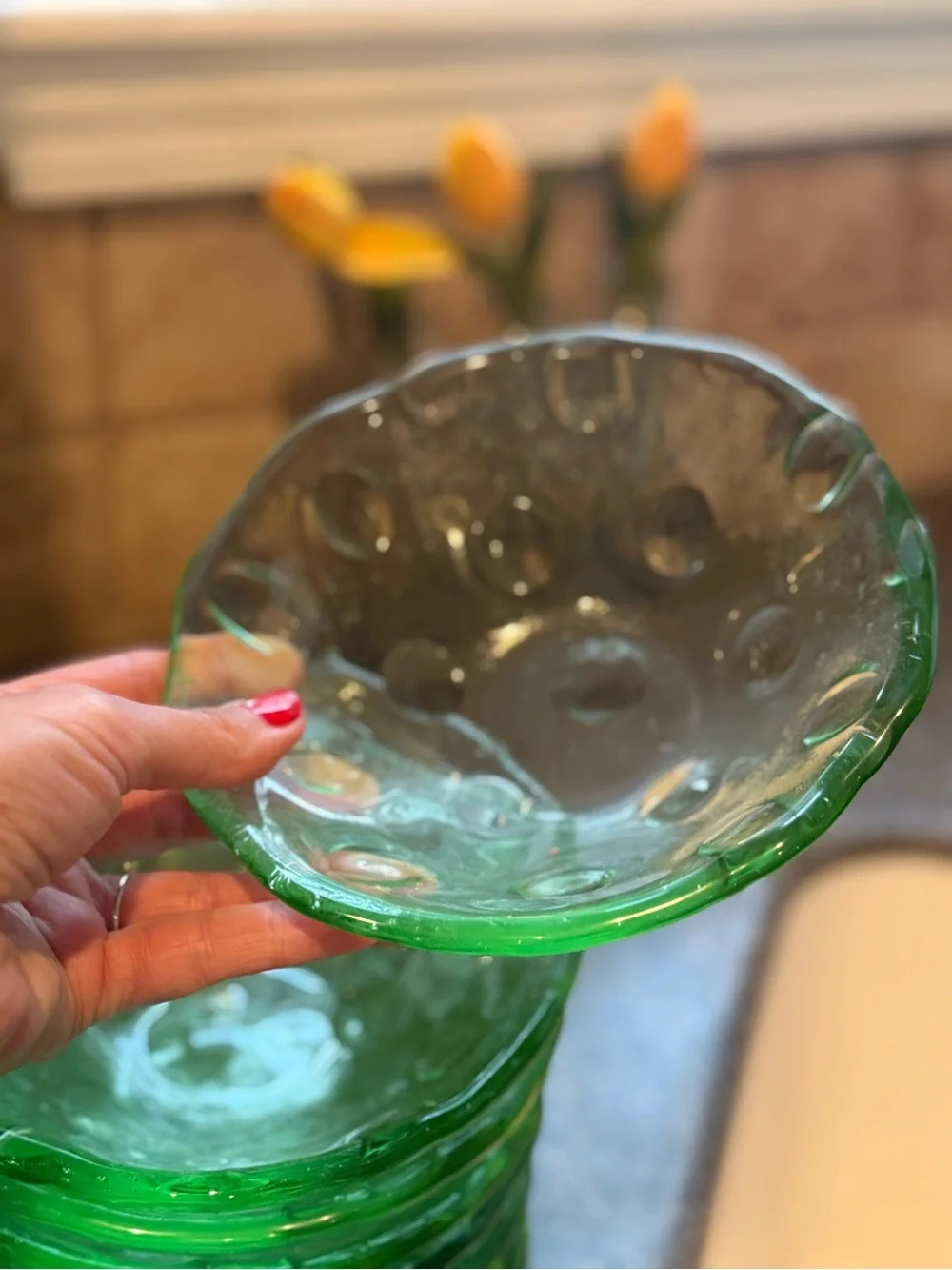 Rare Set of 9 Vintage Catalonian Emerald Green Coin Dot Glass Bowls 6”